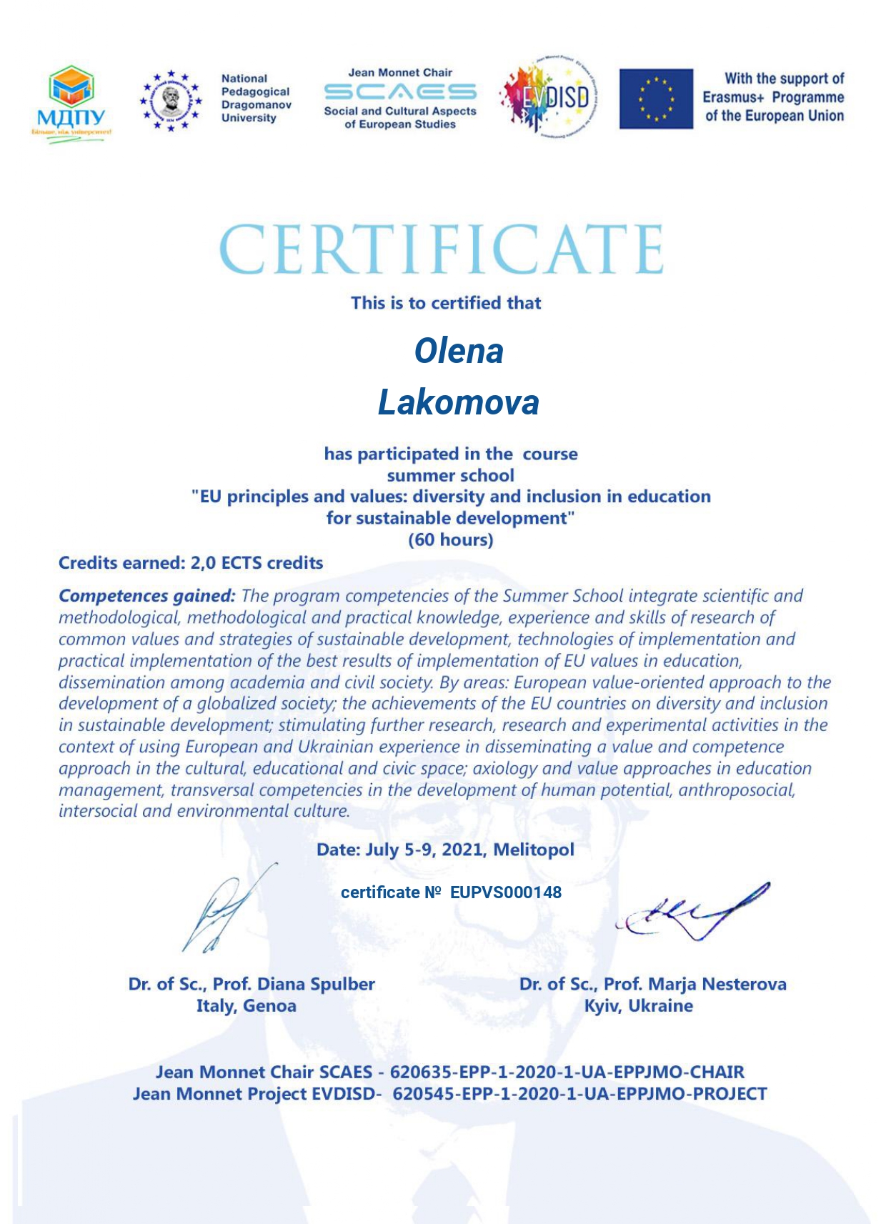 Certificate for Olena for EVALUATION FORM Summer Sch page 0001