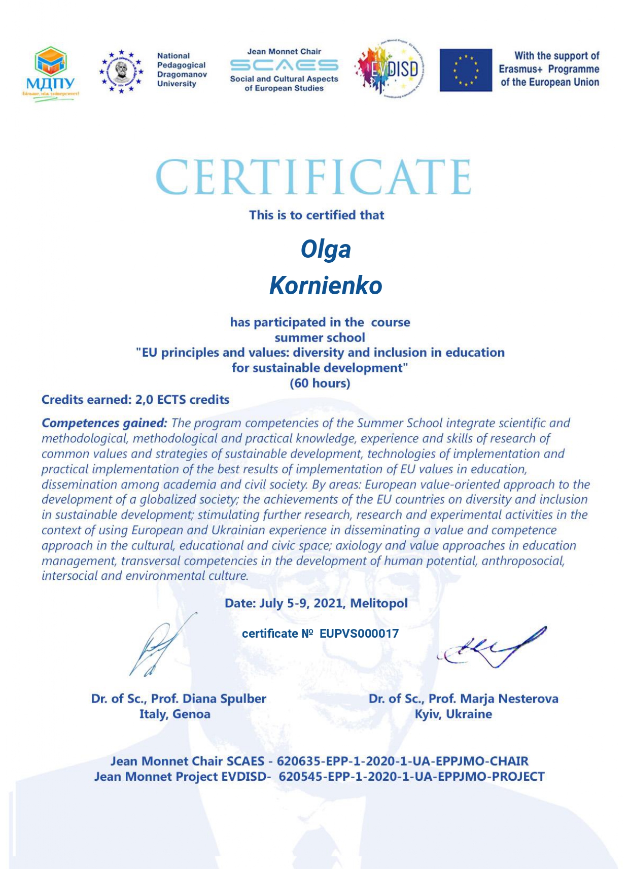 Certificate for Olga for EVALUATION FORM Summer Sch page 0001