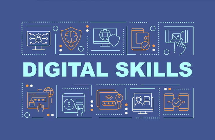 digital skills word concepts dark blue banner computer literacy infographics with icons color background isolated typography vector illustration with text arialblack font used 106317 20971