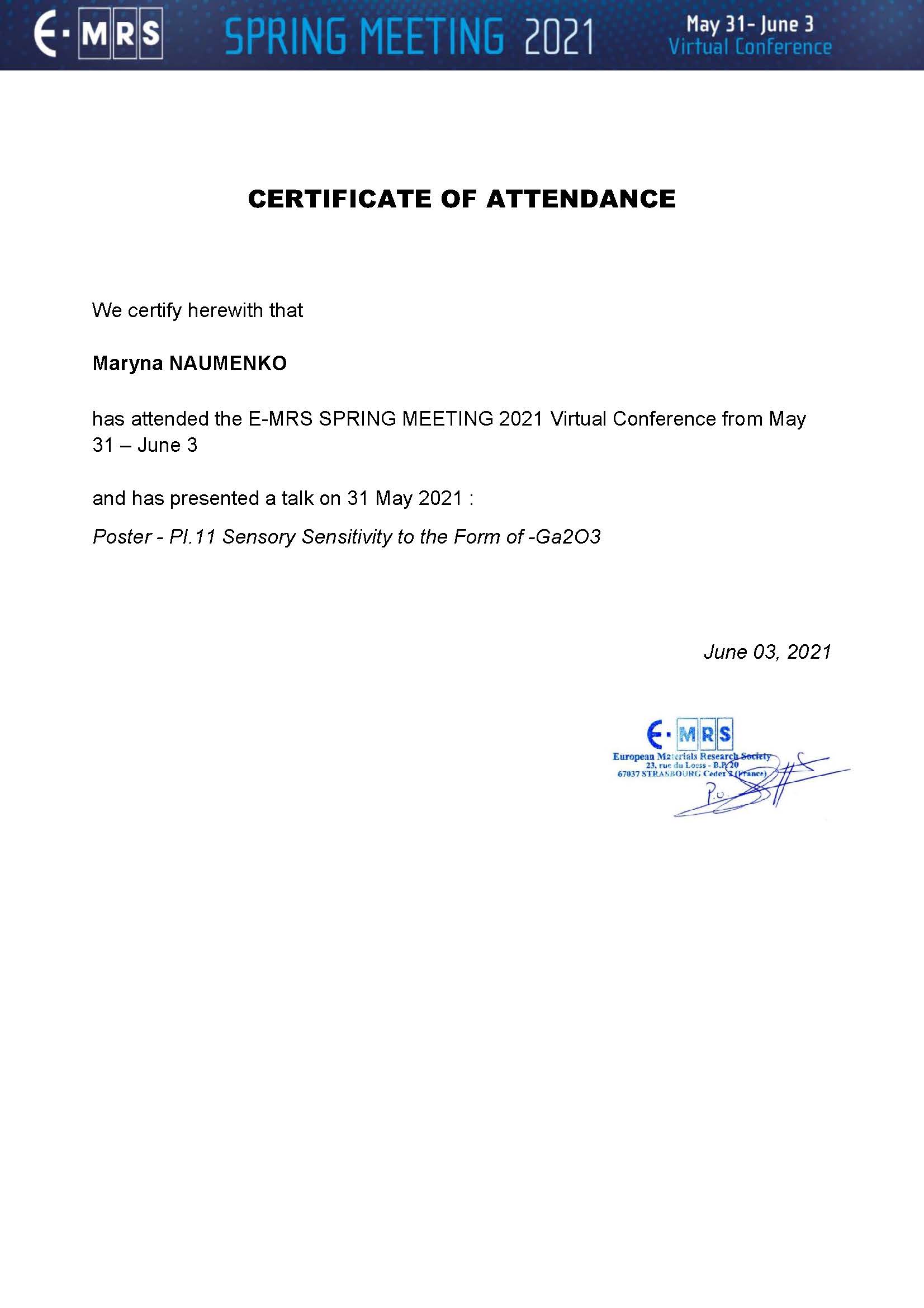 Certificate of attendance speaker NAUMENKO Maryna
